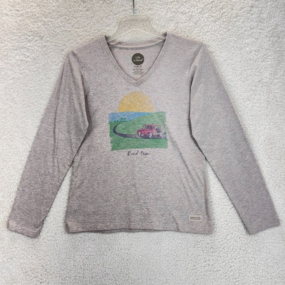 Life Is Good Crusher Tee Classic Fit Women XS Brown Long Sleeve V-Neck Road Trip